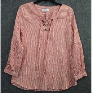 Matison Stone Crinkle Blouse Red & White Stripe Lace Up Size Large